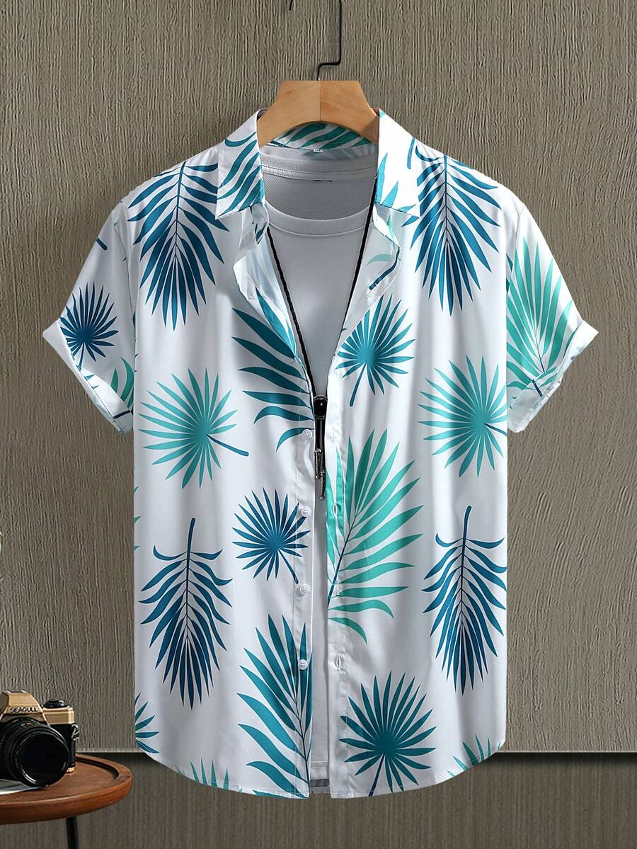 男士休闲短袖棕榈叶印花衬衫，夏季夏威夷风情 - 薄荷綠 - 查看 1