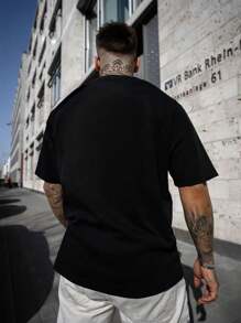 Men's Solid Color Low Elasticity Simple Lightweight Loose Fit Short Sleeve T-Shirt, Versatile For Summer - Black - View 2