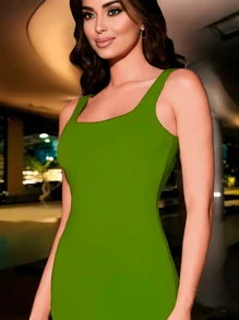 Long Fitted Dress With A Square Neckline, Sleeveless, Sensuality And Elegance For Women - 綠色 - 查看 2