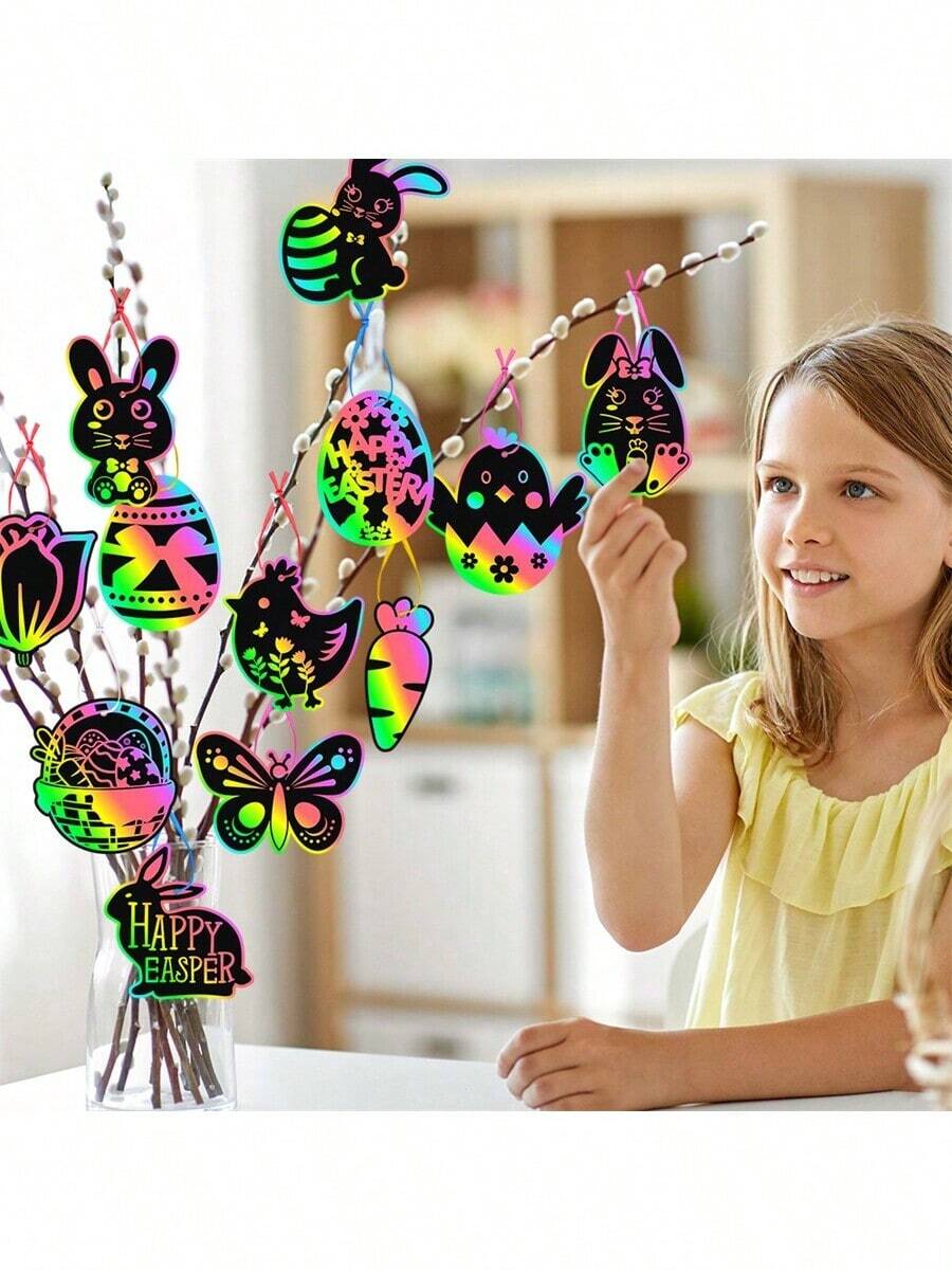 Juego de 12 tarjetas de rascar de estilo artístico para la fiesta de Pascua, tarjetas de rascar con diseños de conejos para el festival de Pascua, regalos DIY de Pascua, etiquetas colgantes y decoraciones en estilos aleatorios