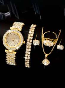 6 pièces Montres Élégantes Avec Strass, En Acier Inoxydable, Mode Simple, Montre Bracelet De Luxe Pleine De Strass Quartz