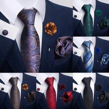 Juego de corbata de lujo para hombres con corbata floral negra y dorada, corbata de paisley, pañuelo de bolsillo, gemelos y broche para boda y fiesta - Dorado - Ver 2