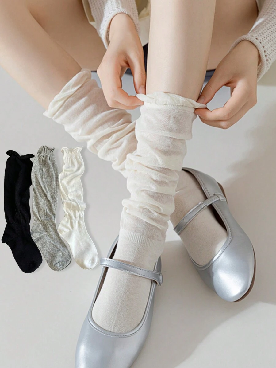 3 pares de calcetines largos hasta el muslo de mujer con puño de volantes, calcetines ligeros de un solo color, de múltiples formas de usar, calcetines de moda, súper versátiles