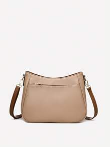 1pc Color Block Style Decoration, Litchi Texture Material, Large Capacity Multi-Compartment Crossbody Bag, Suitable For Women's Daily Use, Commuting Shoulder Bag For Autumn/Winter Season - Khaki - View 6