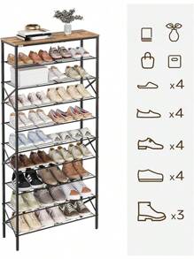 10 Tier Shoe Rack, Shoe Storage Organizer, Large Capacity Shoe Shelf Holds 40 Pairs Of Shoes, Durable And Stable, For Entryway, Hallway, Closet, Dorm Room, Rustic Brown SS10BR