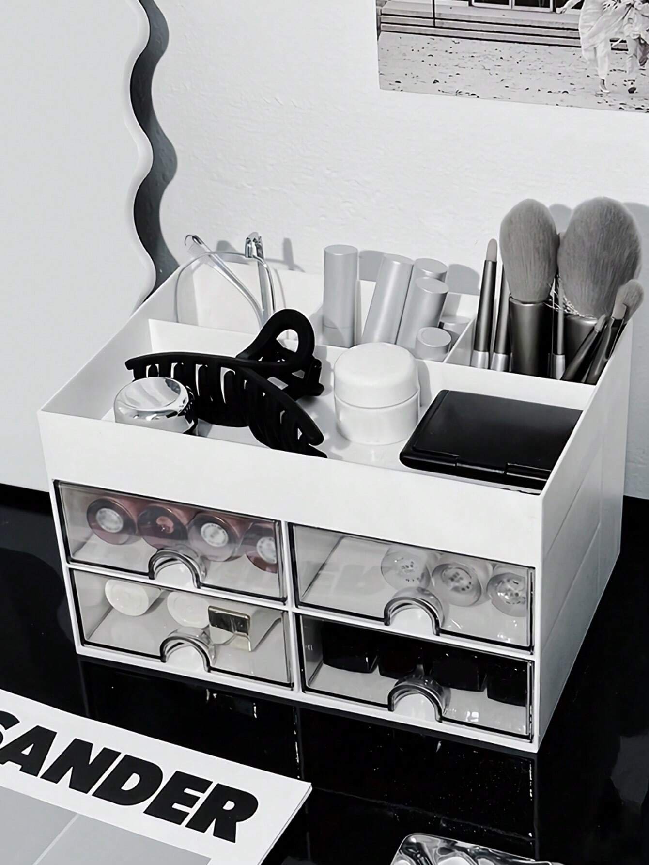 1pc Luxury Dust-Proof Makeup Storage Box, Large Capacity Office Organizer Cabinet, Multi-Layer Skincare Product Desktop Drawer Shelf