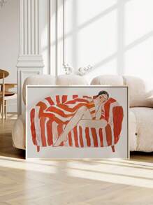 Large Canvas Wall Art - Abstract Woman Relaxing On Red And Orange Striped Sofa - Vibrant Home Decor Artwork - Unique Line Drawing, Frameless - Multicolor - View 4