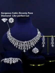 5 pièces Série royale de luxe Ensemble de bijoux de mariage à design de feuille, comprenant un collier, un bracelet, des boucles d'oreilles, une bague, sertis de cubic zirconia. Convient pour un port quotidien et un mariage. Cadeau pour l'anniversaire (boîte cadeau premium incluse)