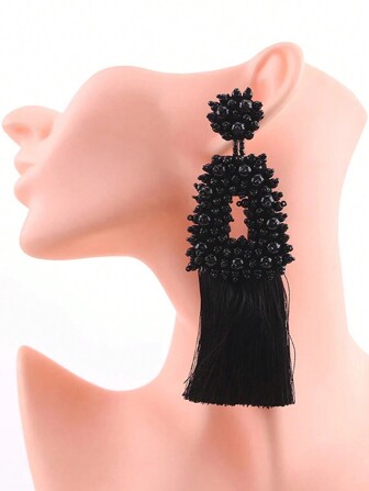 sehuoran Pendientes de borlas con cuentas bohemios, hechos a mano, con diseño vintage de gota larga. Sin chapado, aguja de acero inoxidable para fiesta, banquete, Navidad, fiestas. Accesorio de moda bohemia y occidental para todas las temporadas