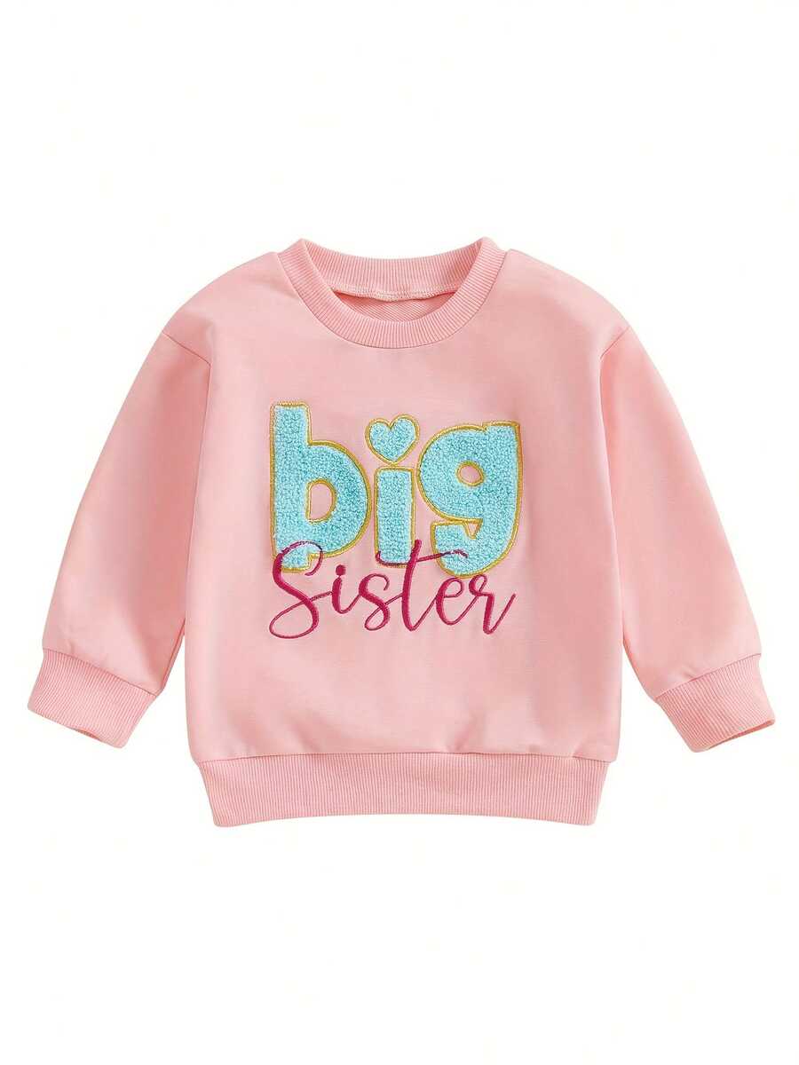 Sudadera de otoño para niño y niña, con bordado de letras, manga larga, cuello redondo, jerséis holgados - Rosa - Ver 1