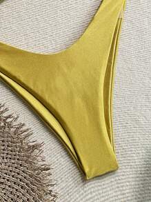 Women's Solid Color Strapless High Split Sexy Beach Vacation Bikini Swimwear Set For Summer - Yellow - View 4