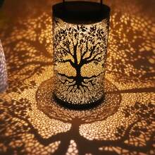 1pc Solar Powered Tree-Patterned Lantern, Outdoor Waterproof Vintage Metal LED Large Tree Decorative Light, Solar Garden Yard Lawn Lamp For Garden Decoration, Patio, Porch And Lawn Lighting, Eid Decoration