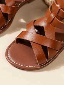 1 para dziewczęcych/maluchów swobodnych sandałów z rzepem i tkanym PU, letnie kapcie plażowe z odkrytymi palcami, antypoślizgowe płaskie buty, nowy projekt 2025