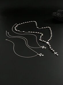 3pcs Vintage Punk Multilayer Metal Silver Cross Decor Y-Necklace, Men's Fashionable Beaded Necklace Set, Hip-Hop Style
