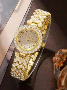 6 pièces Montres Élégantes Avec Strass, En Acier Inoxydable, Mode Simple, Montre Bracelet De Luxe Pleine De Strass Quartz