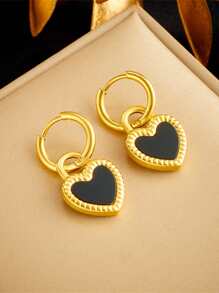 RAYQUEEN 1 Pair Stainless Steel Double-Sided Heart Pendant Earrings, Suitable For Daily Wear - Yellow Gold - View 9