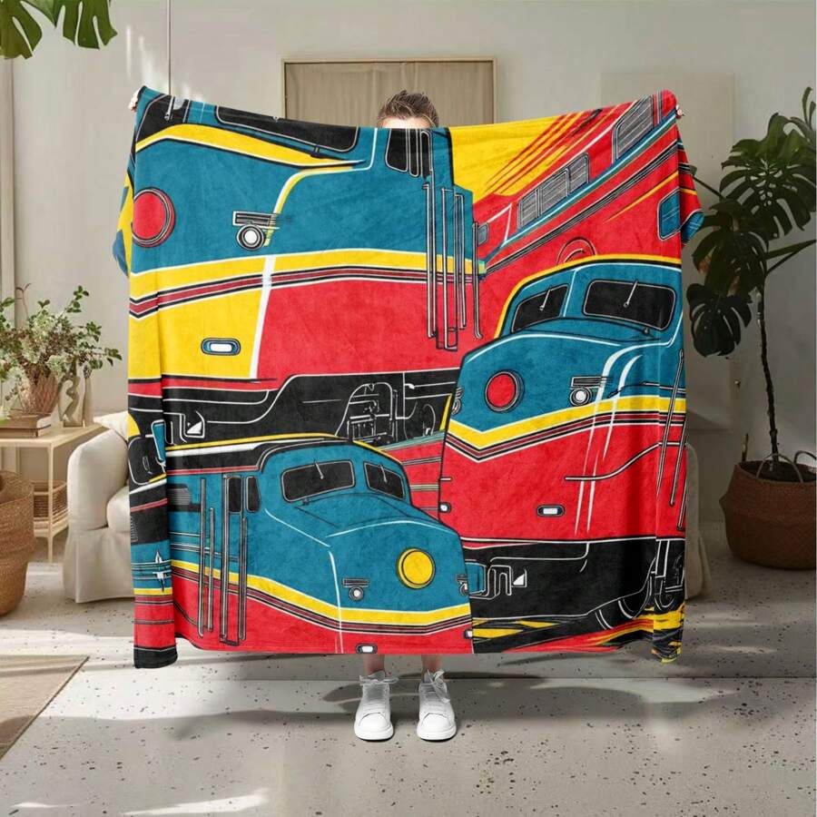 Cartoon Train Printed Flannel Blanket, Gift Square Blanket Soft And Comfortable, Soft Blanket For Offices, Camping, Beds, Travel, And Living Rooms All Year Round - 彩色 - 查看 1
