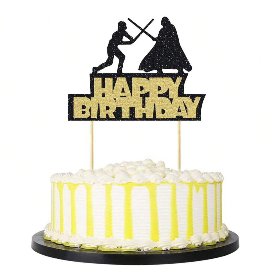1Pc Alien War Happy Birthday Cake Topper Kim tuyến đen Alien War Cake Decorations Star Themed Birthday Cake Topper Party Supplies - Nhiều màu - Xem 1