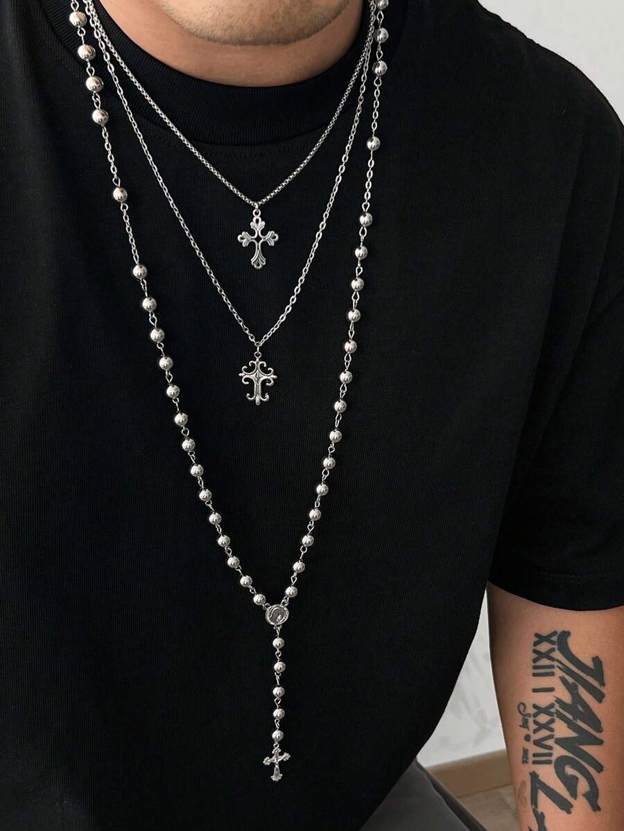 3pcs Vintage Punk Multilayer Metal Silver Cross Decor Y-Necklace, Men's Fashionable Beaded Necklace Set, Hip-Hop Style