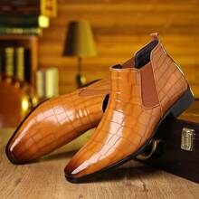 Men's Chelsea Boots, British Style Retro Square Toe Minimalist Business Formal Casual Short Boots - Light Brown - View 3