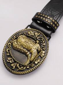 1PC Fashion Long Horn Bull Head Relief Pattern Bronze Willow Nail Decoration Black Leather Retro Bronze Western Boots Buckle Men's Belt/Men's Retro Belt/Men's Belt Street Rock Millennium Western Retro Bronze Western Boots Buckle Men's Cowboy Belt Boys' Party, Ball, Sparkling Decoration, Outing, Daily Leisure Outing Dress