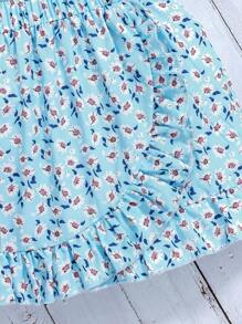 Young Girls Vacation Outfit 2pcs Set: Ditsy Floral Embroidery T-Shirt + Ruffle Hem Ditsy Floral Skirt, Sweet Style For Young Girl Ages 4-7, Spring/Summer Suitable For Outing And Photoshoot