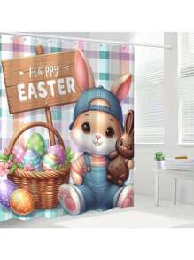 1pc/4pcs Easter Themed Shower Curtain, Easter Decoration For Autumn/Winter, Polyester Bathroom Set With 12 Hooks, Anti-Slip Bath Mat, U-Shaped Toilet Seat Cover, Home Decor