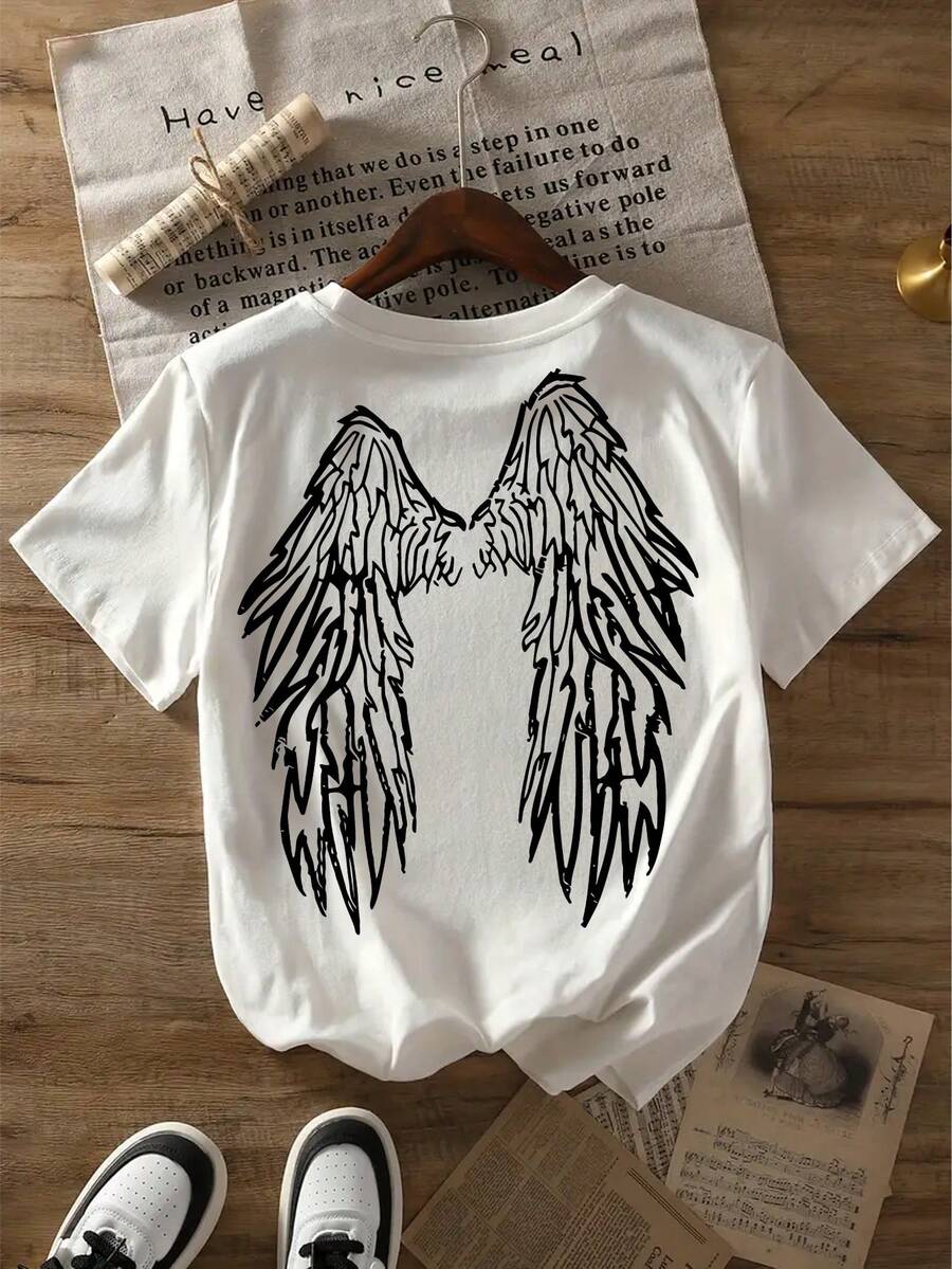 Summer Casual Women's Round Neck T-Shirt, Wing T-Shirt, Slim Fit Short Sleeved T-Shirt
