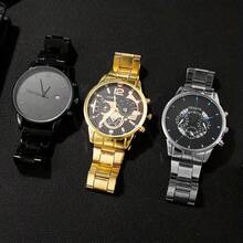 3pcs Men's Fashion Watch Set, Round Dial, Quartz Movement, Casual Business Sports Style, Zinc Alloy Case, Date Function, Suitable For All Occasions, Perfect Gift For Men, Suitable For Valentine's Day, Halloween, Ramadan, Christmas - Black - View 2