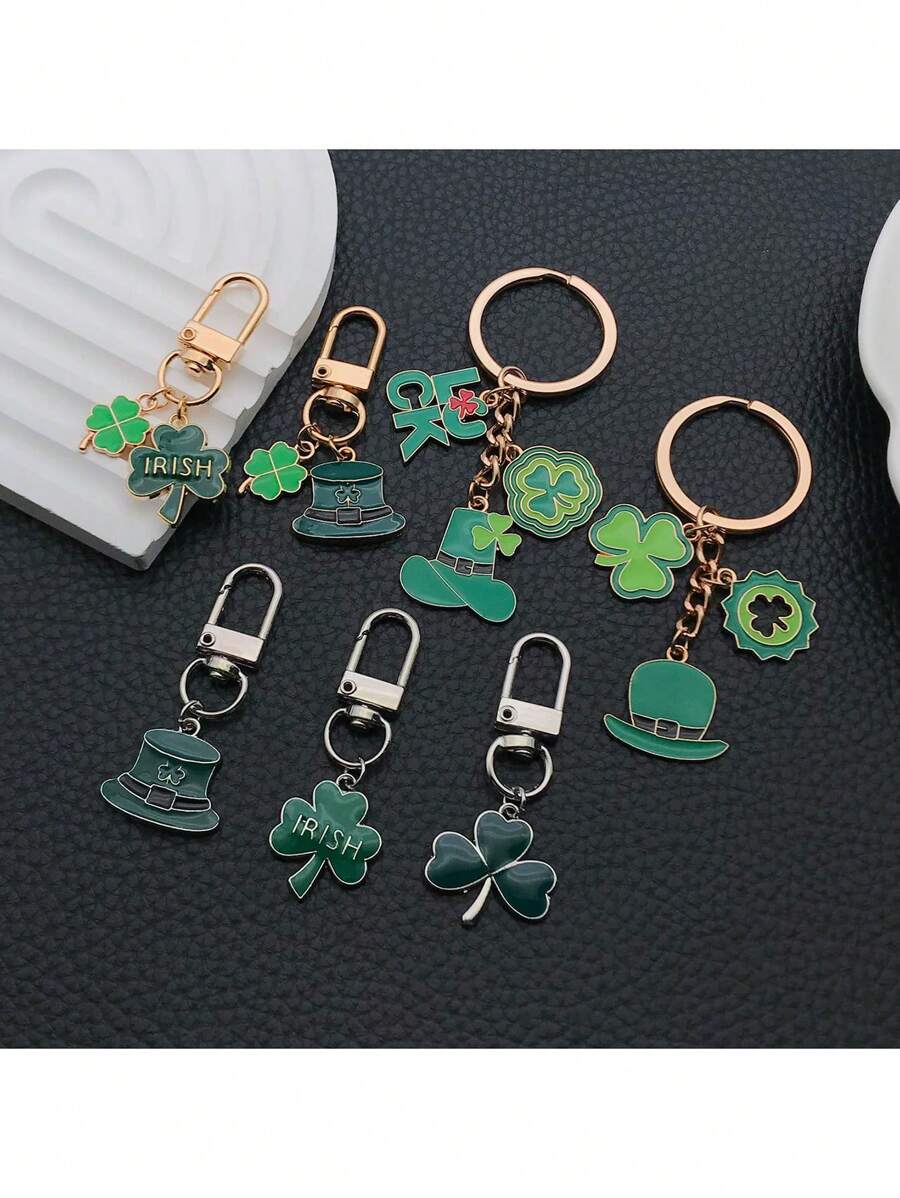 7件套圣帕特里克节爱尔兰绿三叶草帽子、包包挂饰、钥匙扣、小饰品 - 綠色 - 查看 1