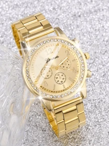 DQG 3 Pieces/Set Fashion Steel Band Watch Set, Exquisite Digital Dial Display, With Alloy Case, Rhinestone Design, Not Waterproof, Exquisite, Elegant, Fashionable Watch Set Combination, Perfect Choice For Gifting Family/Friends/Lovers