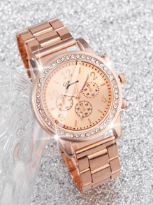 DQG 3 Pieces/Set Fashion Steel Band Watch Set, Exquisite Digital Dial Display, With Alloy Case, Rhinestone Design, Not Waterproof, Exquisite, Elegant, Fashionable Watch Set Combination, Perfect Choice For Gifting Family/Friends/Lovers