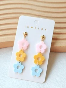 1 Pair Acrylic Bling Bling Flower Earrings In Sweet Pink, Yellow And Blue, Glittering Lovely Design, Suitable For Women As Party/Holiday Gift