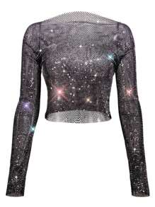 Black Rhinestone Fishnet Long Sleeve T-Shirt – Round Neck Stretchy Breathable Bodycon Top With Cut-Out Design, Matching For High-Waist Jeans, Nightclub, Y2K, Streetwear, Party