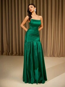 Green Strapless Woven Tie-Up Asymmetrical Long Evening Gown