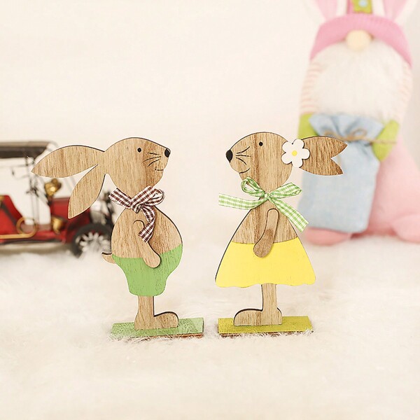 1pc/2pcs Easter Party Decor Hanging Ornament, Nordic Style Creative DIY Painted Wooden Rabbit Figurine Desktop Decoration, Classic Cartoon Rabbit Desktop Decor