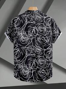 男士休闲短袖衬衫，黑白玫瑰线条图案，夏季 - 黑與白 - 查看 2