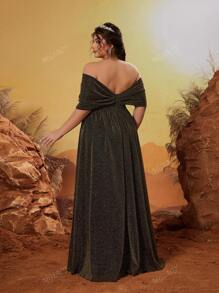 Mgiacy Plus Size V-Neck Off Shoulder Ruched Colorblock High Slit Maxi Dress, Party Dress, Wedding Guest Dress, Formal Dress, Evening Dress,Gown