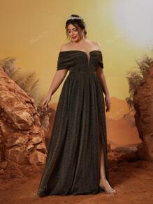 Mgiacy Plus Size V-Neck Off Shoulder Ruched Colorblock High Slit Maxi Dress, Party Dress, Wedding Guest Dress, Formal Dress, Evening Dress,Gown