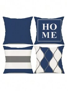 4pcs Set Blue & White Simple Letter Design Polyester Plush Pillow Case, Sofa Cushion Cover - Multicolor - View 9