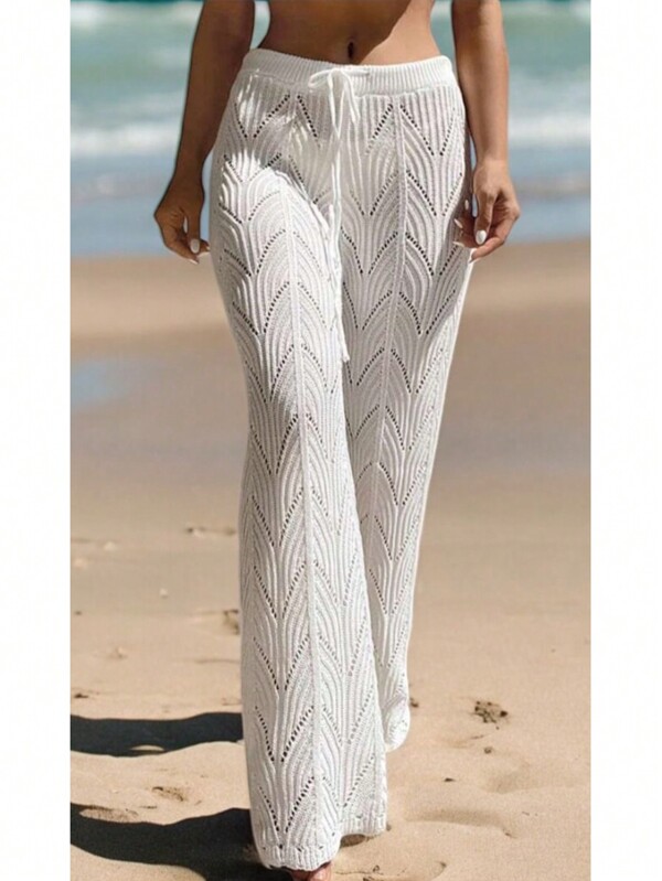 Calça Saída de praia Pantalona Cintura alta Tricot Crochê Moda Praia Verão Regulagem Rendada Zig Zag