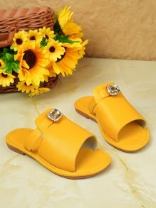 儿童凉鞋2025夏季新款时尚一体式圆头平底漏趾钻一脚蹬沙滩凉鞋 - 金色 - 查看 3