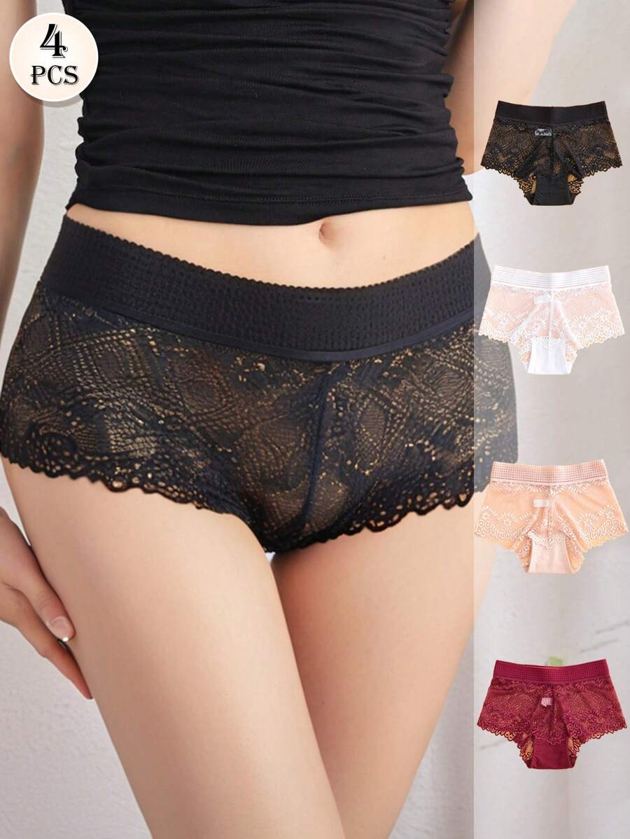 APRSEA 4 件装女士蕾丝半透明高腰时尚性感内裤舒适高弹力女士三角内裤内衣 - 彩色 - 查看 1