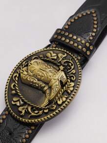 1PC Fashion Long Horn Bull Head Relief Pattern Bronze Willow Nail Decoration Black Leather Retro Bronze Western Boots Buckle Men's Belt/Men's Retro Belt/Men's Belt Street Rock Millennium Western Retro Bronze Western Boots Buckle Men's Cowboy Belt Boys' Party, Ball, Sparkling Decoration, Outing, Daily Leisure Outing Dress