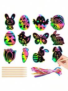 Juego de 12 tarjetas de rascar de estilo artístico para la fiesta de Pascua, tarjetas de rascar con diseños de conejos para el festival de Pascua, regalos DIY de Pascua, etiquetas colgantes y decoraciones en estilos aleatorios