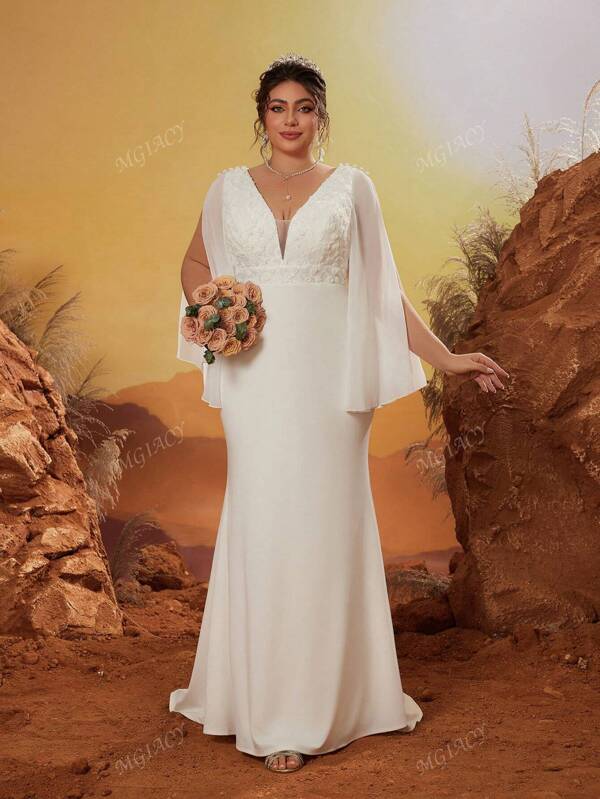 Plus Appliques Cloak Sleeve Mermaid Hem Wedding Dress,Bride