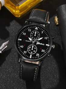 2 Peças Relógio De Quartzo Masculino Com Pulseira De Pu Preta Casual Estilo Empresarial, Adequado Para Viagens Diárias, Festas, Passeios