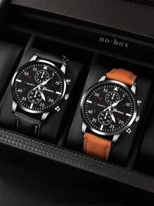 2 Peças Relógio De Quartzo Masculino Com Pulseira De Pu Preta Casual Estilo Empresarial, Adequado Para Viagens Diárias, Festas, Passeios