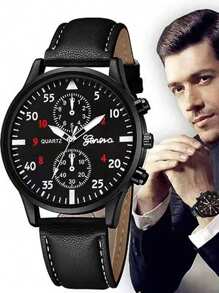 2 Peças Relógio De Quartzo Masculino Com Pulseira De Pu Preta Casual Estilo Empresarial, Adequado Para Viagens Diárias, Festas, Passeios