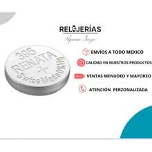 Renata 395 O Sr927sw Pila Batería Suiza Para Reloj Características del producto Características principales Marca Renata Modelo 395 Descripción Baterías 100% Originales, garantizadas, ideal para todo tipo de aparatos electrónicos, Medición, Equipos médicos, Relojes Digitales, Glucómetros, Calculadoras, Controles de automóvil, Aparato de seguridad y etc. Nuestros productos son alta calidad, para cuidar de tus equipos electrónicos, y Permiten una larga duración bajo uso prolongado, Nuestros empaques vienen con fecha de caducidad para el año 2030 toda la fabricación esta 100% hecha en suiza. Nuestros productos están hechas a base de lithium. nuestros productos son de alta calidad, comprueba la larga efectividad de nuestros productos.  Las Pilas del Mercado son de muy baja calidad y pueden dañar tus dispositivos Por lo Cual Nuestras Pilas te dan La seguridad de NO DAÑAR TUS DIPOSITIVOS !!!! TE OFRECEMOS ; Durabilidad y larga vida útil Rendimiento constante y confiable - Plateado - Ver 7